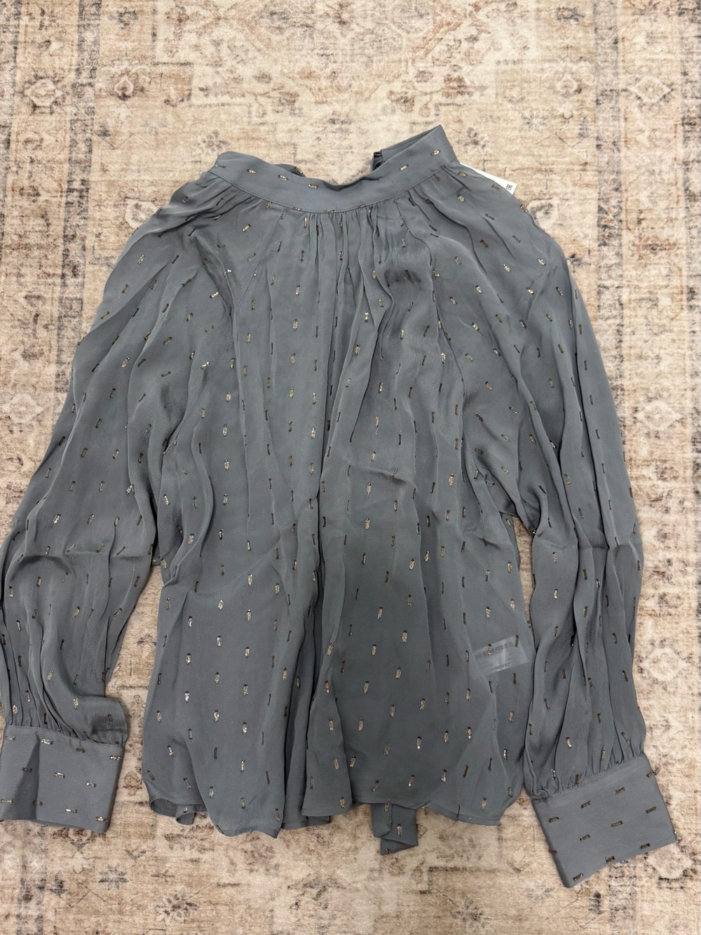 Zara Gray Sheer Blouse with Metallic Dot Accents